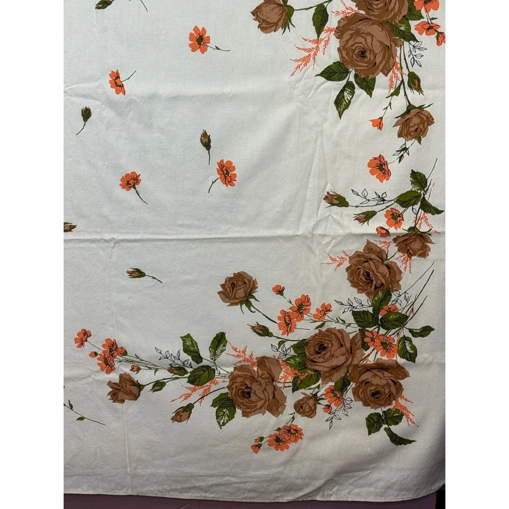 Vintage Floral Tablecloth Brown Roses Orange Flowers White Rectangular 52x66